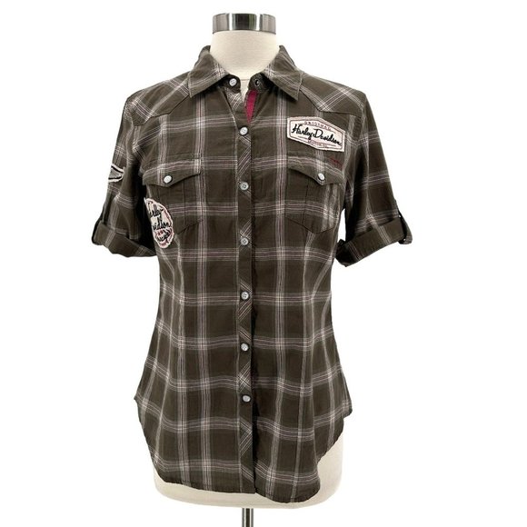 Harley-Davidson Tops - Harley-Davidson Plaid Army Green Roll-Tab Snap Button Shirt Top Womens Medium